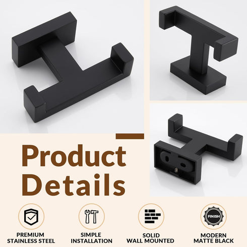 APLusee Double Robe Towel Hook, Stainless Steel Square Dual Coat Hook, Utility Bath Kitchen Storage Hanger Holder, Matte Black...