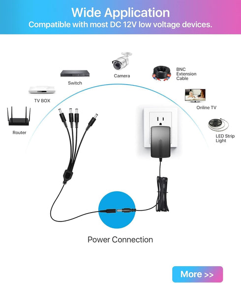ZOSI 12V 2A 100V-240V US AC to DC Power Supply Adapter & 4-Way Power Splitter Cable for CCTV Home Security Camera Surveillance System...