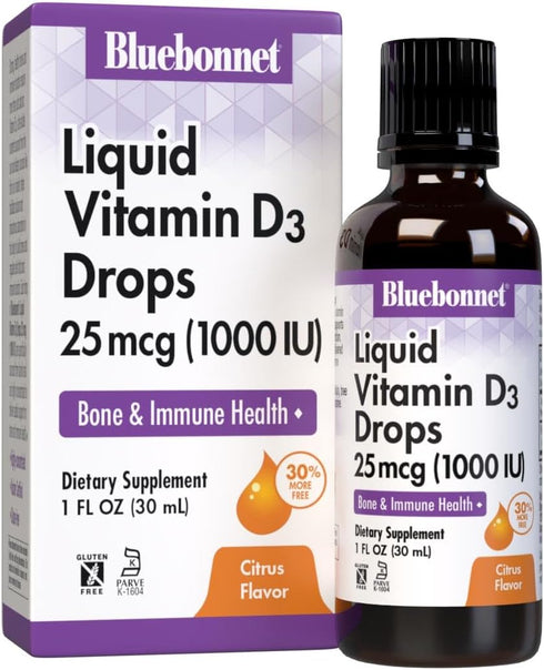 BlueBonnet Vitamin D3 1000 IU 25mcg Strong Bones & Immune Support Supplement - Liquid Vitamins for Women & Men - Lanolin VIT D Drops with MCT Oil ...