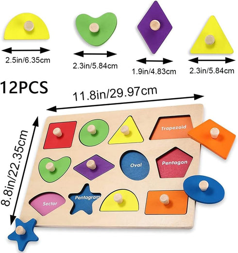 Wooden Shape Peg Puzzles, Montessori Educational Toy Baby Puzzle, 12 Geometric Shape Puzzle with Board Knob, Preschool Wooden Puzzles for Toddlers...