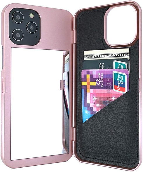 for iPhone 12 Pro Max Case, Built-in Mirror Shockproof Card Holder Cover Wallet Case for iPhone 12 Pro Max 6.7 Inch (Rose Gold)...