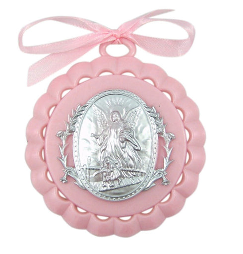 Moulded Acrylic Pink Crib Medal with Guardian Angel for Baby Girl Nursery Decor, 3 1/2 Inch...