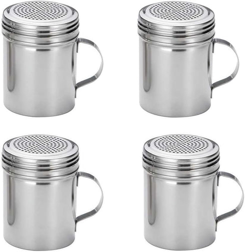 (Set of 4) 10 Ounce Stainless Steel Dredge with Handle, Salt, Pepper, Spice, Sugar Shaker Set...