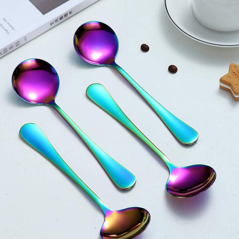 Berglander Rainbow Soup Spoons of 4, 7.5" Stainless Steel Titanium Plating, Multicolor Round, Easy To Clean, Dishwasher Safe...