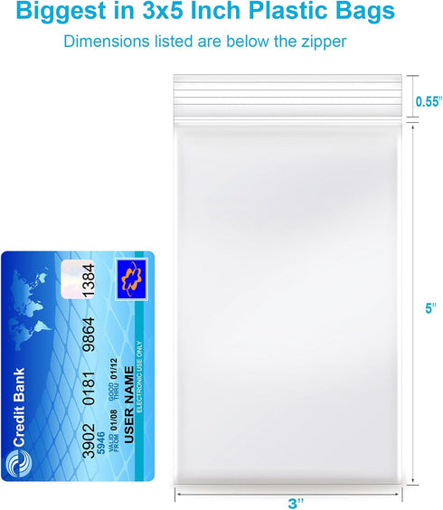 3''x 5'', (Pack of 100) 2 mil Thick Clear Plastic Reclosable Zip Poly Bags with Resealable Lock Seal Zipper for Photo, Jewelry, Bakery, Treats, Tr...