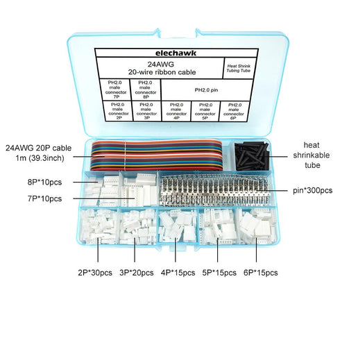 JST PH 2.0 Connectors Pin Header and Ribbon Cable Wire Kit 2.0mm Pitch JST PH - 2/3/4/5/6/7/8 Male Pin Female Housing...