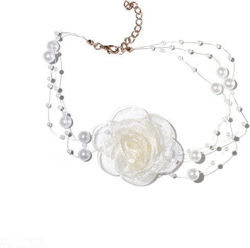 Vintage Camellia Flower Choker Necklace Pearl Lace Flower Tie Cravat Necklace Bride Wedding Party Summer Necklaces for Women...