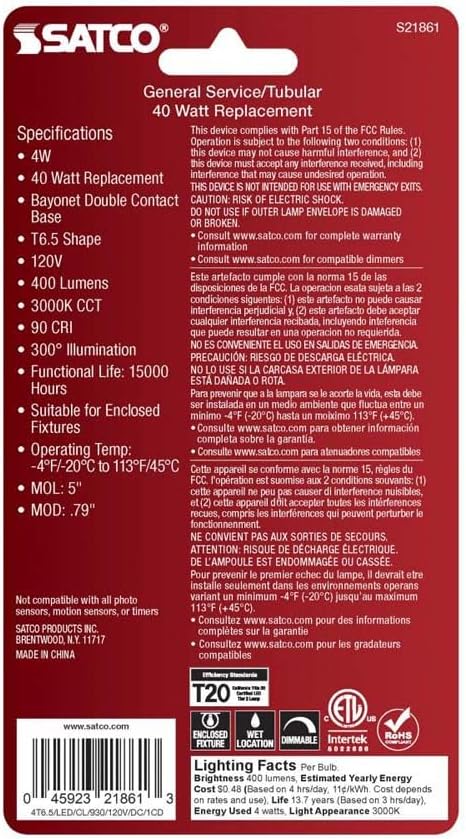 Satco 21861-4T6.5/LED/CL/930/120V/DC/1CD Tubular (S21861) Double Contact Bayonet Base Exit Light Bulb...