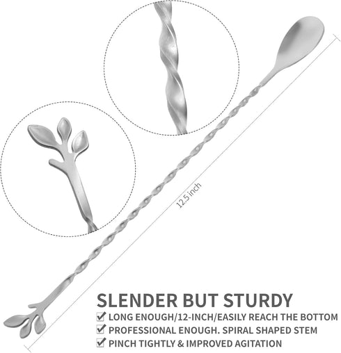 AnSaw Silver 12-Inch Stainless Steel Cocktail Spoon with Leaf Handle - Perfect for Mixing & Layering Drinks in Tall Cups, Bar & Shakers - Durable ...