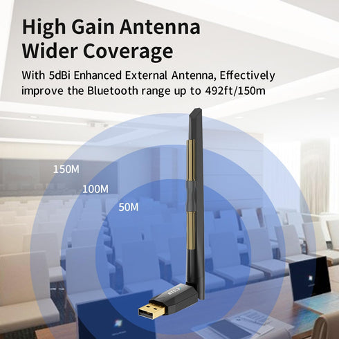 Long Range Bluetooth 5.3 USB Adapter for PC, 492FT, Plug and Play Wireless Transmitter Dongle for Windows 11/10/8.1/7, Pair W/Bluetooth Headset He...