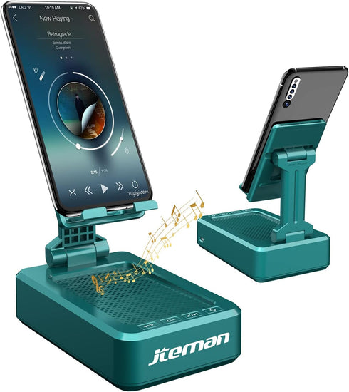 JTEMAN Cell Phone Stand with Wireless Bluetooth Speakers,Angle Adjustable Strong Pedestal Phone Stand for Desk,HD Sound and Bass Bluetooth Speaker...