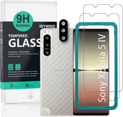 Ibywind Screen Protector For Sony Xperia 5 IV 5G(6.1 Inches),with 2Pcs Tempered Glass,1Pc Camera Lens Protector,1Pc Backing Carbon Fiber Film[Fing...