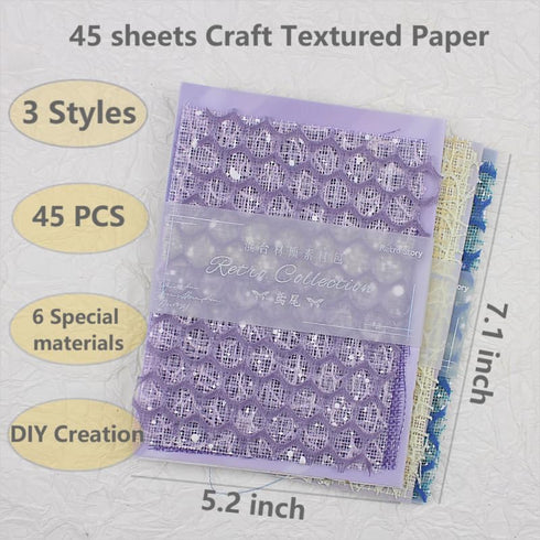 45Pcs Handmade Scrapbook Paper Set, Craft Textured Paper Sheet 7.1x5.2 Inches Mix Mesh Fabric Morandi Special Paper for Scrapbooking, Junk Journal...