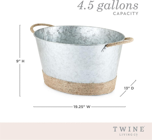 Twine Seaside Jute Rope Wrapped Farmhouse Galvanized Ice Metal Beverage Tub, Wine, Beer Bottle Bucket, 4.5 Gallons...
