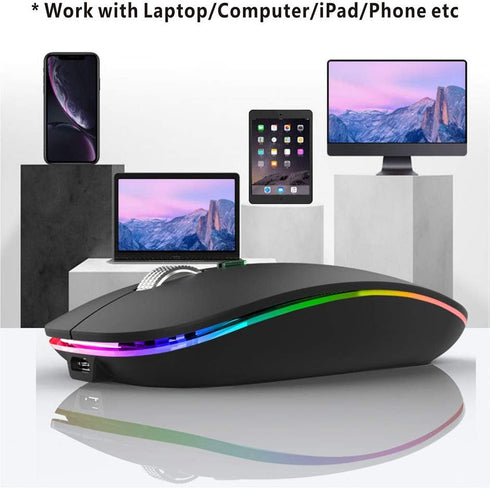 TENMOS Wireless Bluetooth Mouse, LED Slim (Bluetooth 5.1/5.0 + USB) 2.4GHz Rechargeable Silent Bluetooth Wireless Mouse with Type C Adapter for La...
