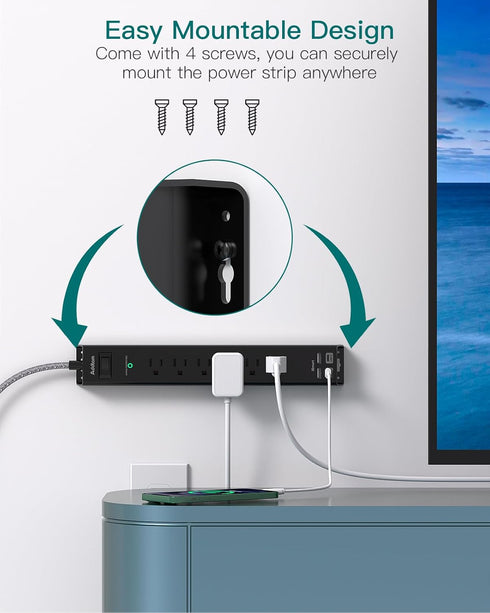 Surge Protector Power Strip - Extension Cord with 6 AC Outlets 4 USB (2 USB-C Ports), Flat Plug with Overload Surge Protection, Wall Mount, 5ft, O...
