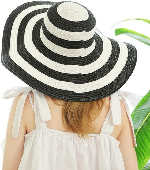 Womens Sun Straw Hat Wide Brim Sun Hat Sun Protection Straw Hat UV Foldable Roll Up Floppy Beach Cap Black and White...