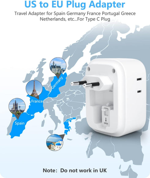 European Travel Plug Adapter, LENCENT International Type-C Foldable Power Plug with 4 Outlets, USB C Charger Adaptor, US to Most of Europe EU Icel...
