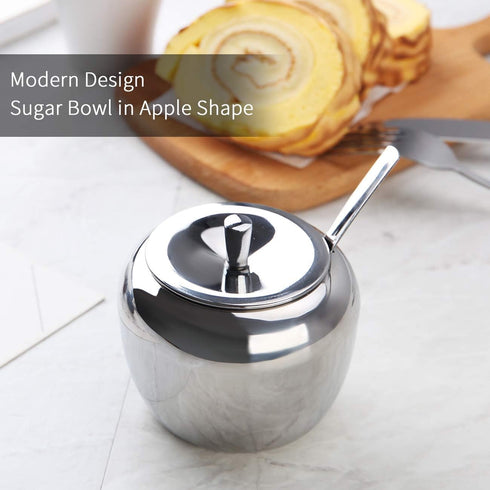 Kitchenexus Large Stainless Steel Sugar Bowl with Lid and Sugar Spoon for Kitchen and Home Sugar Cellar in Apple Shape 11oz/325ml...