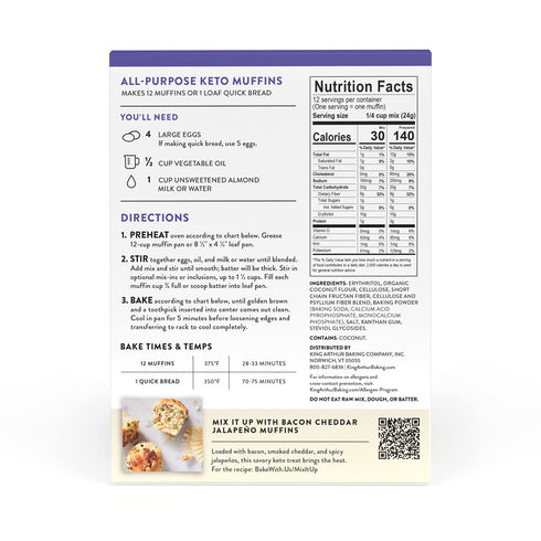 King Arthur Baking Keto Muffin Mix, All Purpose, 1g Net Carbs 0g Added Sugar Per Serving, Low Carb & Keto Friendly, 10 oz, White...