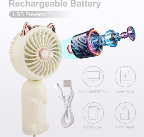 QearFun Handheld Lanyard Fan Portable, Mini Hand Held Fan with USB Rechargeable Battery, 3 Speed Strong Personal Table Fan, 8-12 Hours Small Makeu...