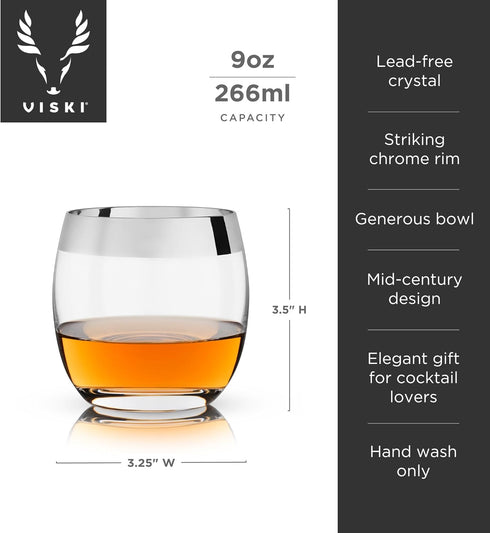 Viski Irving Chrome Rim Crystal Lowball Tumblers Set of 2 - Premium Crystal Clear Cocktail Glass Gold Rimmed Glassware, Stylish Lowball Whiskey Gl...
