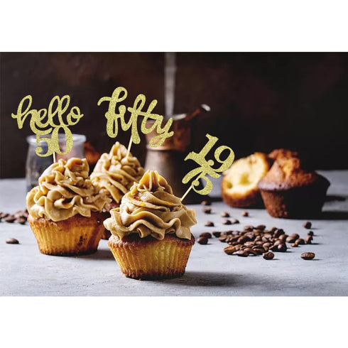 24 Pcs Gold Glitter 50th Birthday Cupcake Toppers for 50th Birthday Celebrating Party Decorations...