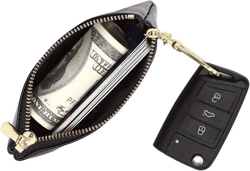 Premium Genuine Full Grain Leather Mini Coin Purse Keychain Pouch Card Holder for Men Women (Black)...