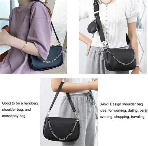 Crossbody Bag for Women Leather Chain Strap Side Shoulder Handbag With Coin Purse Pouch, 3 Removable Shoulder Straps...