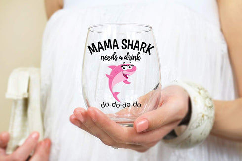 Mama Shark Needs a Drink Funny Wine Glass - Mom Gift For Birthdays, Mother's Day, Christmas, Holidays or Just Because - Stemless...