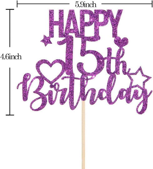 INNORU Purple Glitter Happy 15th Birthday Cake Topper for Cheers to 15 Years - Teenager Children's Birthday Party Cake Decorations...