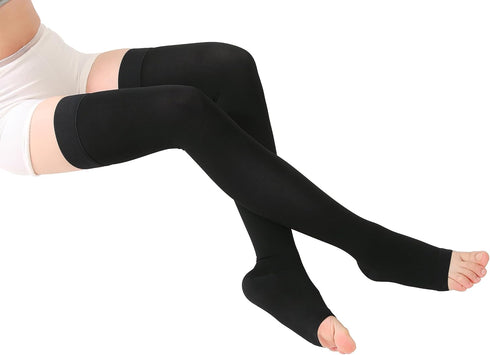 1 Pair Compression Stockings for Women & Men,15-20mmHg, Medical Open Toe Thigh High Socks Graduated Support for Varicose Veins, Edema, Flight...