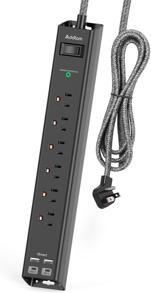Surge Protector Power Strip - Extension Cord with 6 AC Outlets 4 USB (2 USB-C Ports), Flat Plug with Overload Surge Protection, Wall Mount, 5ft, O...