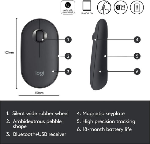Logitech Pebble Wireless Mouse with Bluetooth or 2.4 GHz Receiver, Silent, Slim Computer Mouse with Quiet Clicks, for Laptop/Notebook/iPad/PC/Mac/...