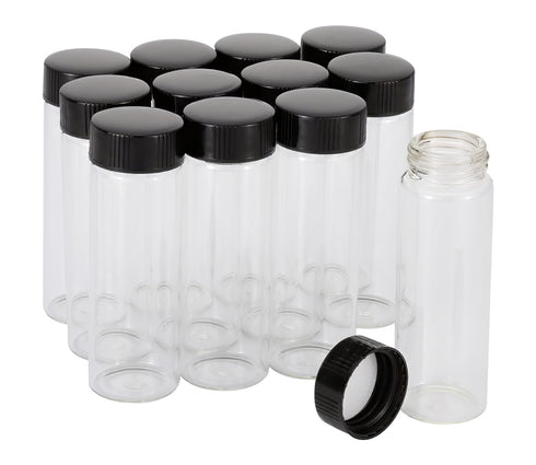 12 Pack of 3 inches, 30 ML, Clear Glass Bottles Storage Container Sample Cosmetic Vials with Black Screw Caps...