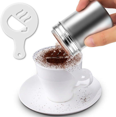 2 Pcs Stainless Steel Dredges and Powdered Shaker with 16 pcs Printing Molds Stencils, SENHAI Salt Pepper Coffee Cocoa Cinnamon Power Can with Hol...