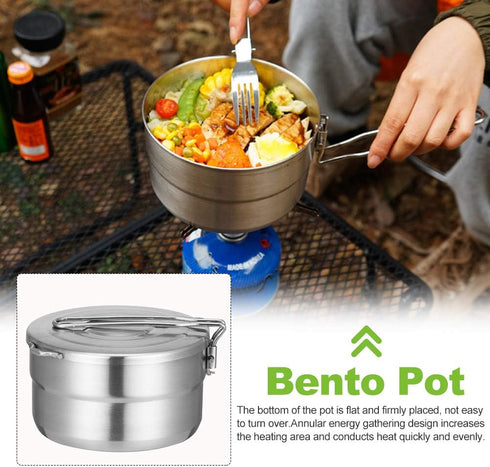 Stainless Steel Camping Cook Pot with Lid and Folding Handle Camping Cookware 1.5L Large Capacity Bento Pot for Camping, Hiking, Picnic...