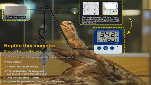 Reptile Thermometer Hygrometer with High Low Temperature Alarm Digital Aquarium Thermometer Temperature Humidity Meter Gauge for Reptile Tanks, Te...