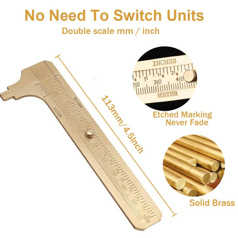 Brass Pocket Caliper with Double Scale Sliding Gauge Bead Measuring Tool Millimeter Gauge Mini Brass Vernier Caliper Brass Ruler, Gold Ruler for M...