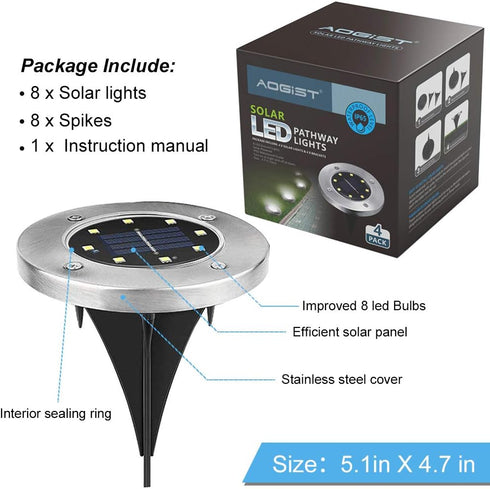 Aogist Solar Ground Lights, 8 LED Garden Lights Patio Disk Lights In-Ground Outdoor Landscape Lighting for Lawn Patio Pathway Yard Deck Walkway (W...