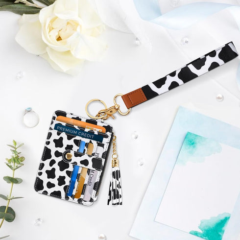 Slim Zipper Credit Card Holder with Keychain Wristlet Small RFID Leather Wallet with ID Window for Women,Cow...