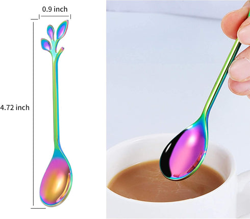 5 Pcs Rainbow Leaf Coffee Spoons, 4.7 inch Stainless Steel Ice-Cream Tea Sugar Spoons, Espresso Stirring Spoons for Mixing, Cold Drink, Dessert, P...
