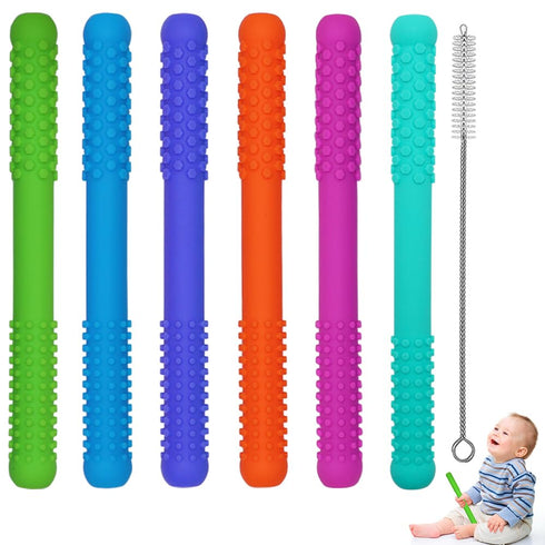 Hollow Teething Tubes Toys for Babies Girls Boys, 6 Pack Silicone Baby Teether Toy Tube for Infants with Nursing Biting Chewing, Chew Straws for T...