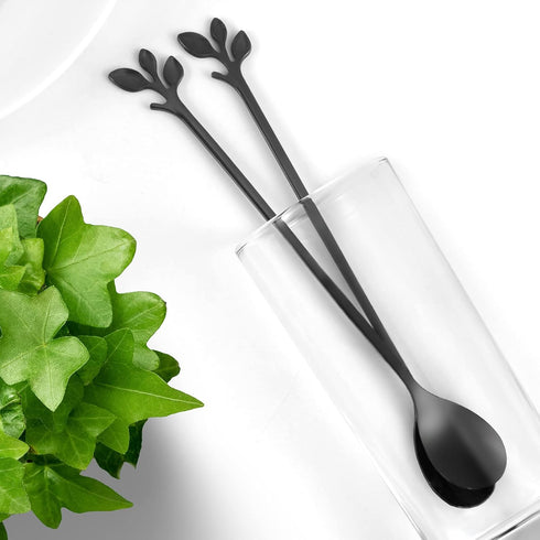AnSaw Long Handle 7.4-Inch Leaf Teaspoons set, 6 Pcs Black Stainless Steel Coffee stirring spoon...