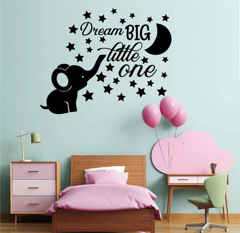 Dream Big Little One Lovely Elephant and Moon Stars Wall Decor Stickers for Kids Room Baby Girl Decals BA048 (Black)...