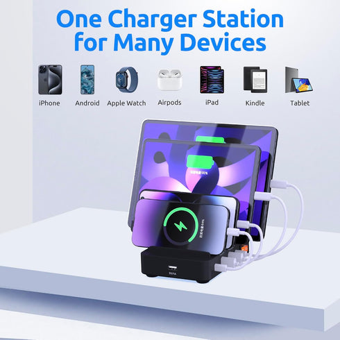 5-Port USB-C Fast Charging Station for Multiple Devices - Compatible with Phone, iPad, Tablet - Multi Device Family Charging Organizer with Free A...