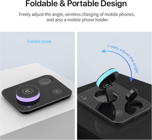 Wireless Charger, 4 in 1 Fast Charging Station,Colorful Night Light,Qi Foldable Magnetic Wireless Phone Charger Stand for iPhone, Apple iWatch, Ai...