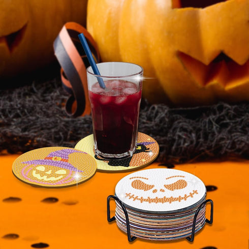 9pcs Halloween Theme Diamond DIY Painting Coasters with Holder Diamond Art Drink Coasters Kit DIY Art Crafts Supplies...