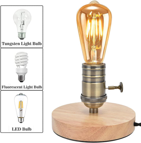 Tissting Vintage Wooden Lamp Base E26/E27 Table Lamp Holder with Dimmable Button Adjust Brightness Mini Short Desk Lamp Exposed Bulb Base with US ...
