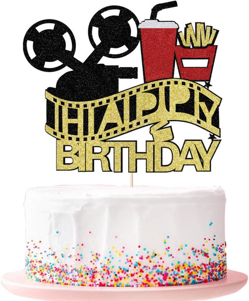 Film Cake Toppe Happy Birthday Sign Cake Topper for Film Projector Movie Night Camera Popcorn Theater Theme Bday Party Celerbrating Supplies (film...